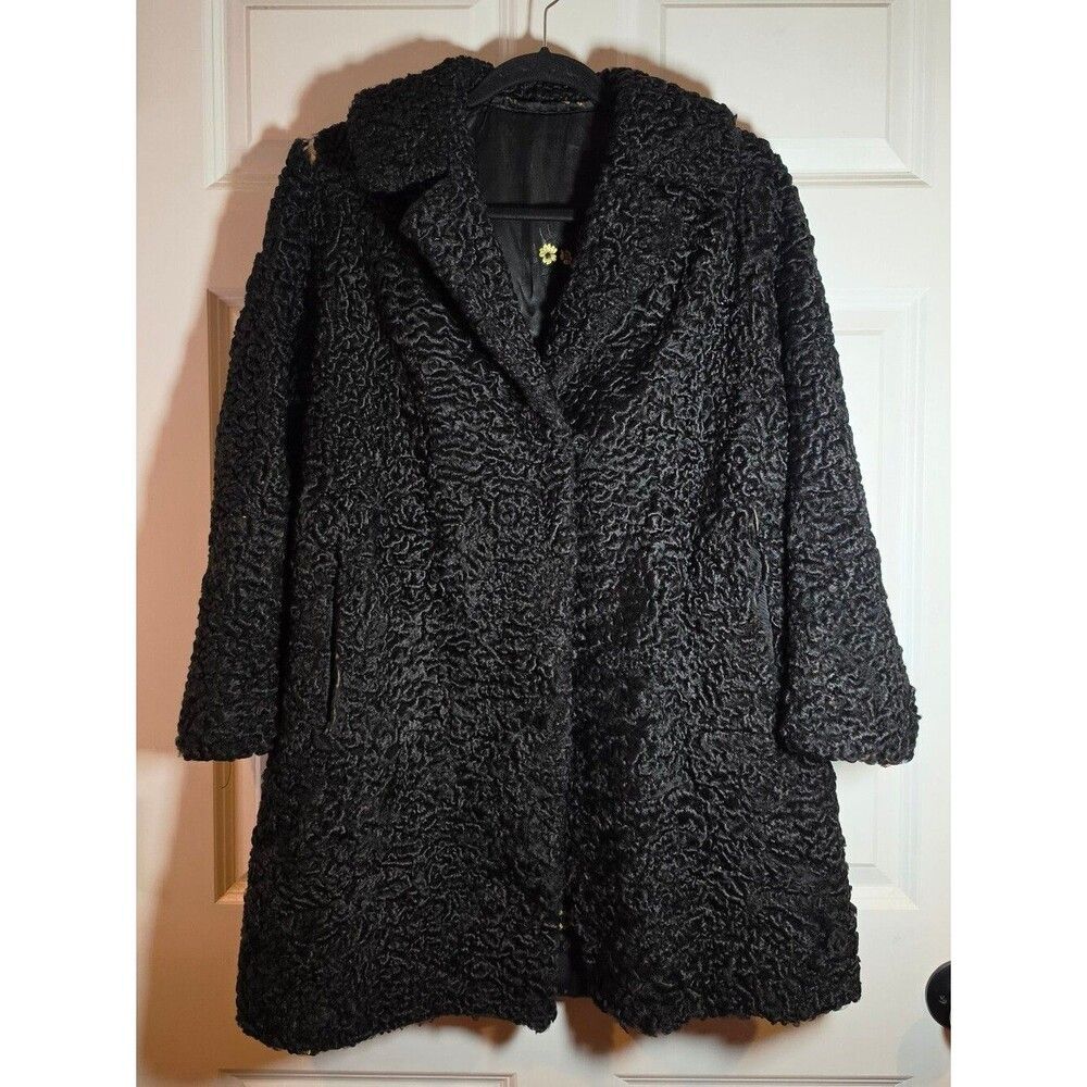 Vintage Black Persian Lamb Coat Heavyweight Pockets Single Hook Closure